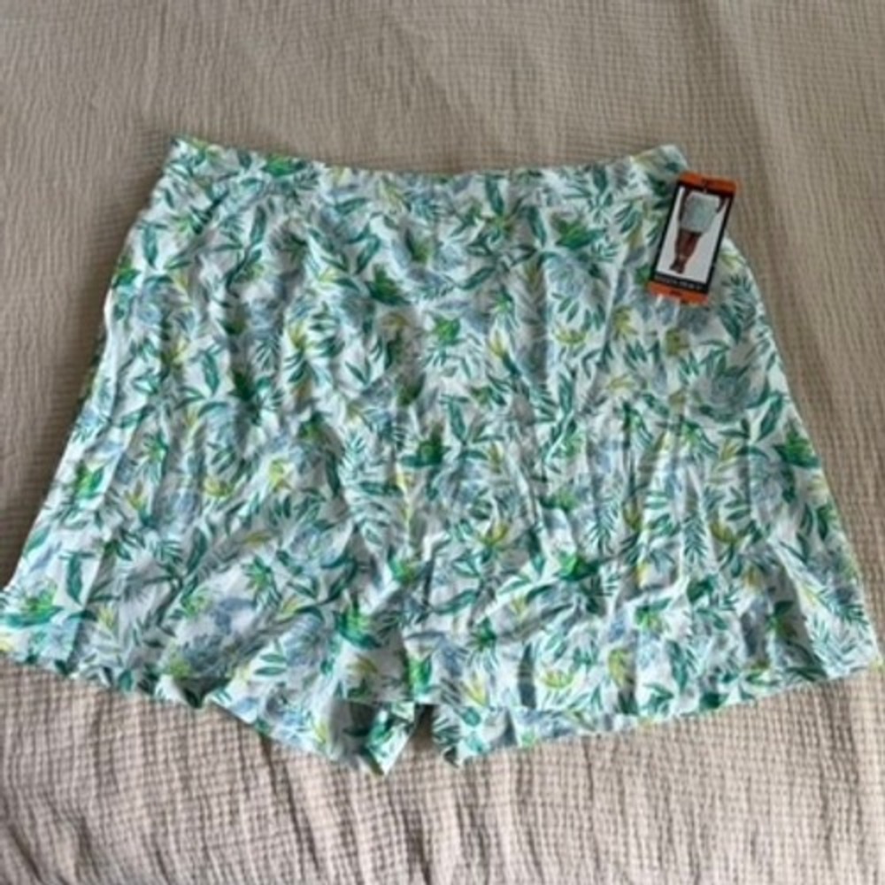 Ellen Tracy Pull On Skort Womens XXL Green Tropical Leaf Print Linen Blend New